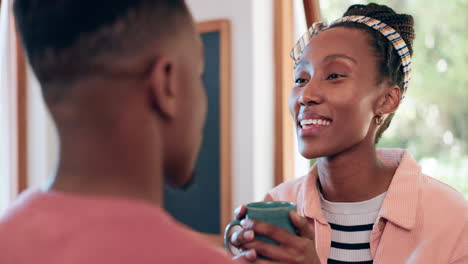 Kitchen,-coffee-and-happy-black-couple-love