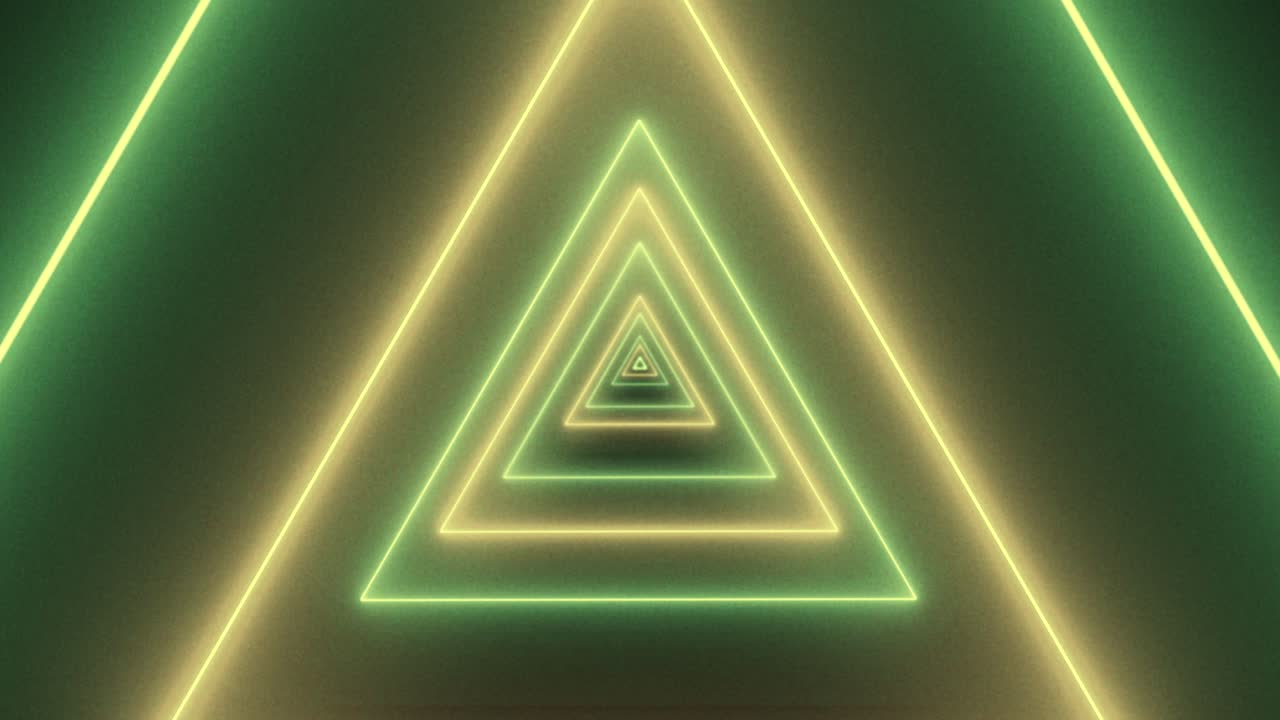Seamless flight through endless tunnel of glowing green and yellow neon triangles on dark background. For retro, VJ, or sci-fi use