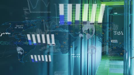 Animation-Der-Statistischen-Datenverarbeitung-über-Der-Weltkarte-Im-Vergleich-Zum-Computerserverraum