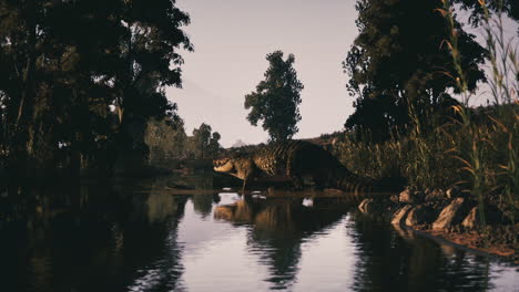 crocodile basking by the river amid lush vegetation during twilight