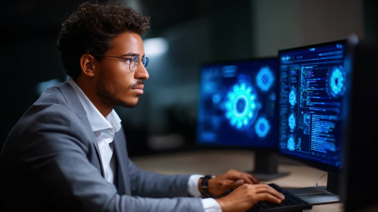 Focused Professional Analyzing Data on Dual Screens, Engaged in Task with Graphical Interfaces and Code, Atmosphere of Innovation and Technology in Modern Workspace Setting