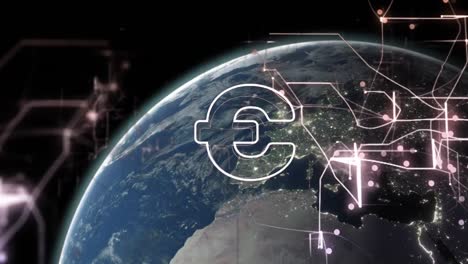 animation of euro symbol over data processing and globe on black background