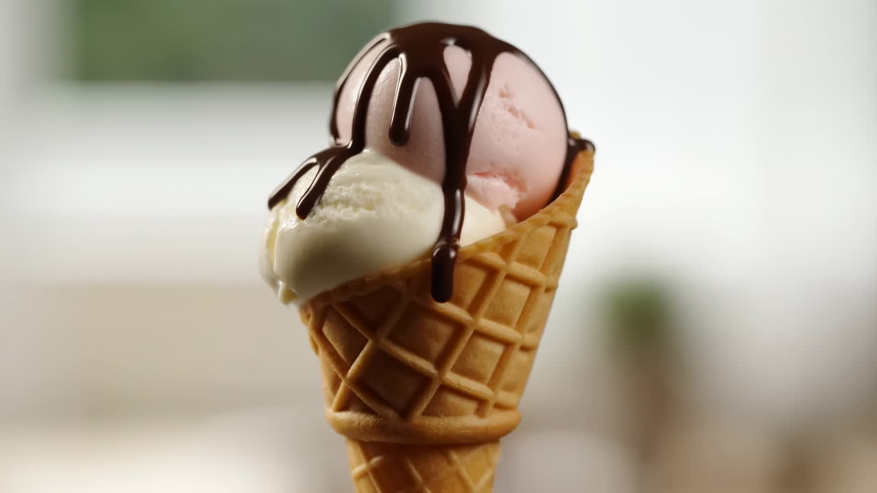Cono waffle con palline di fragola e vaniglia irrorato di glassa al cioccolato lucida, luce naturale morbida