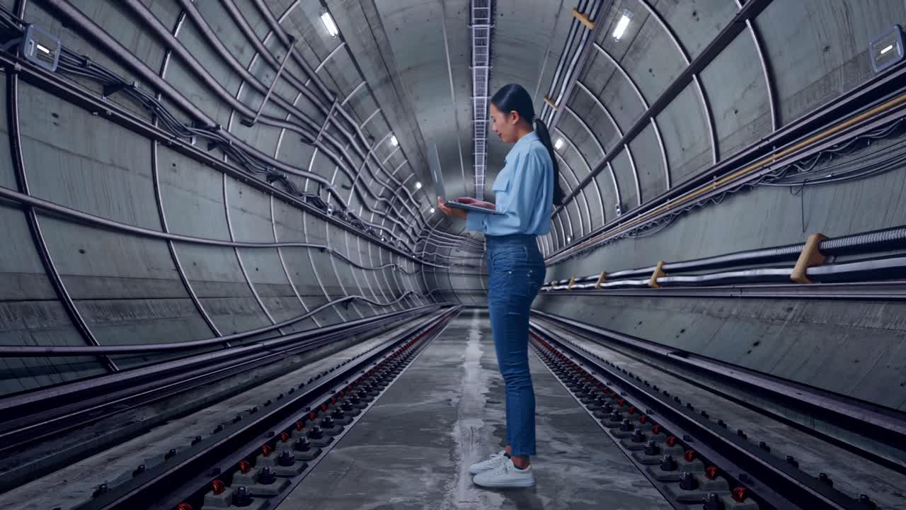 Full Body Side View Of Asian Female With Her Laptop In Underground Subway Tunnel, Typing And Dissapionted With Nodding Her Shead