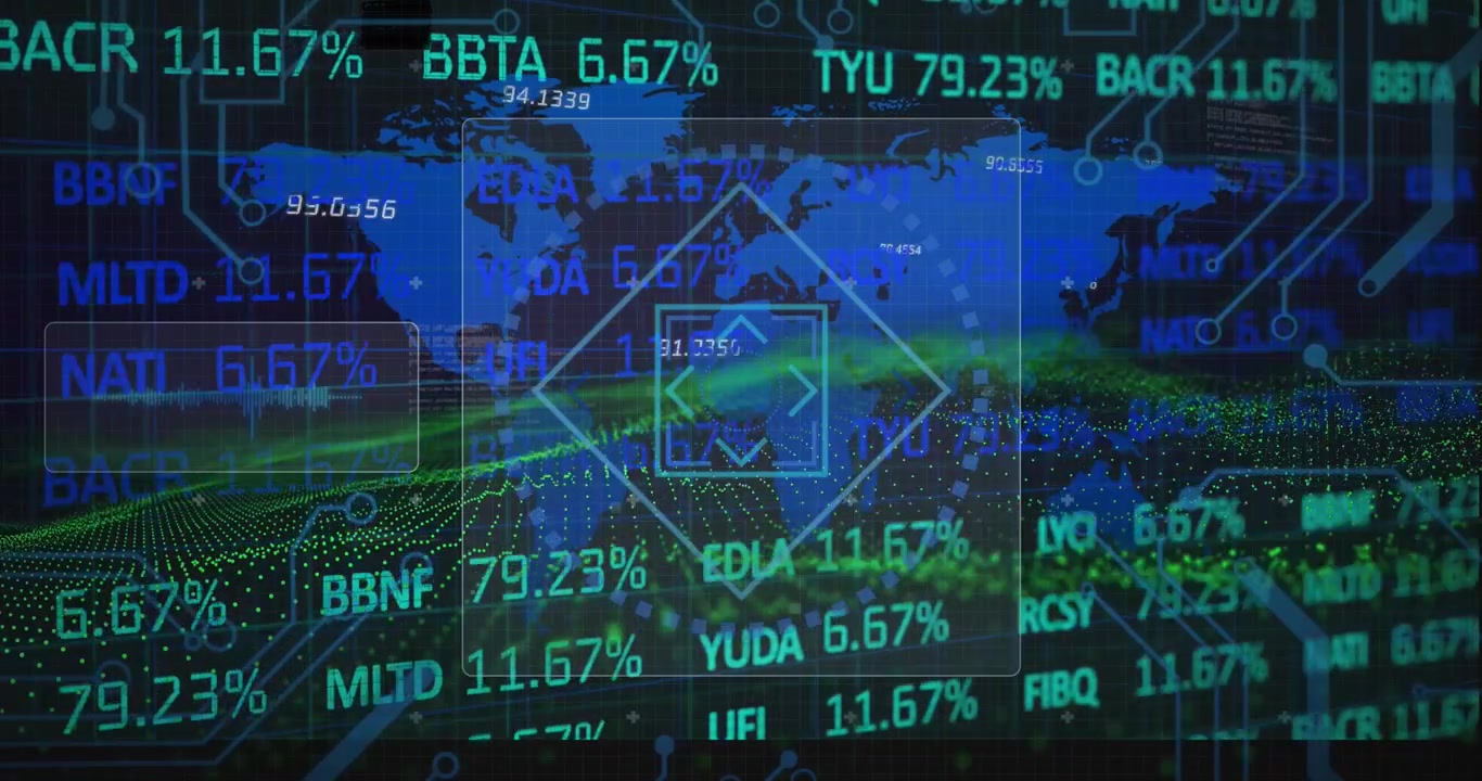 Animation of stock market data processing over world map and green digital wave on black background