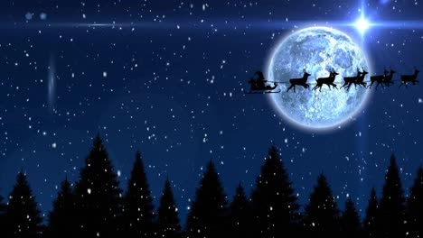 Animation-of-santa-claus-in-sleigh-with-reindeer-at-christmas,-over-snow-falling,-moon-and-sky