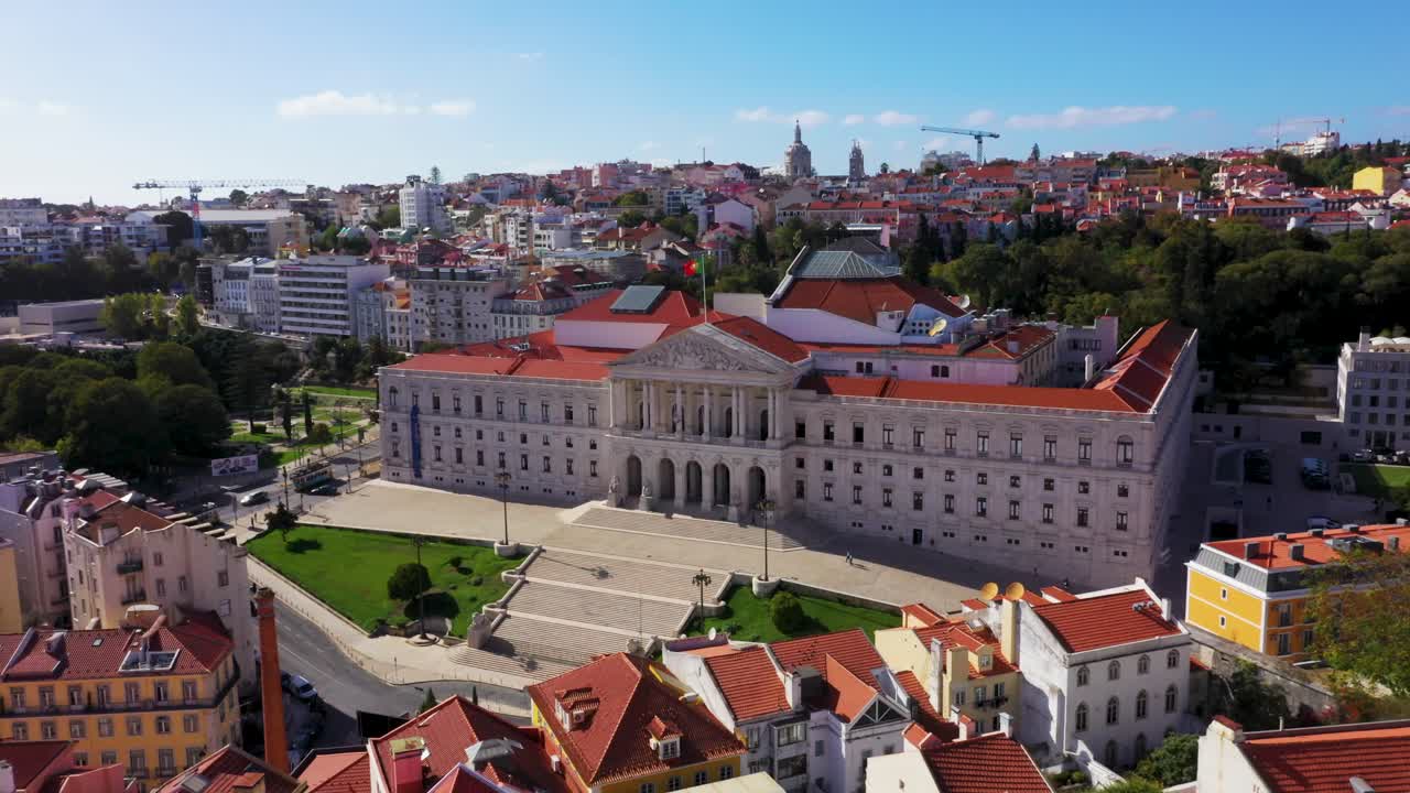 Sao Bento Palace - Palacio de Sao Bento, Assembly of the Republic In Lisbon, Portugal. - aerial approach shot