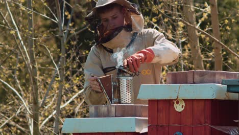 beekeeper prepares smoke to calm the bees