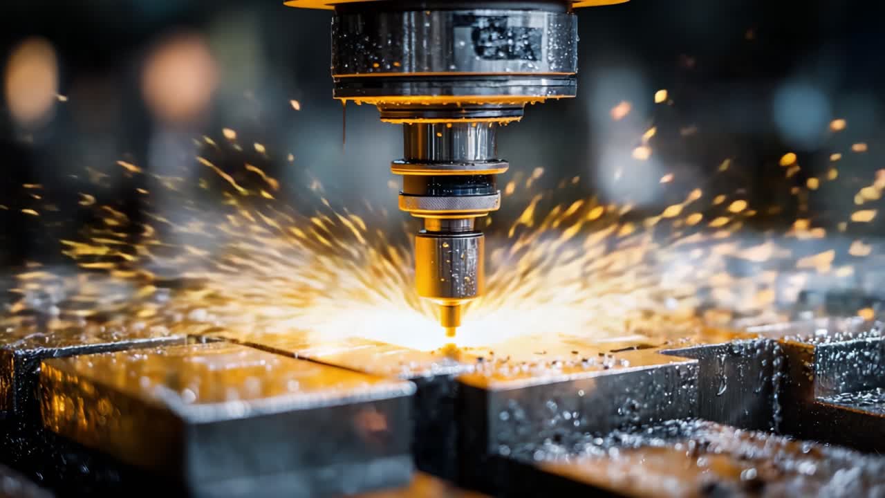 Lavorazione di precisione dei metalli: Catturare l'arte della lavorazione CNC con scintille e trucioli di metallo in un ambiente industriale.