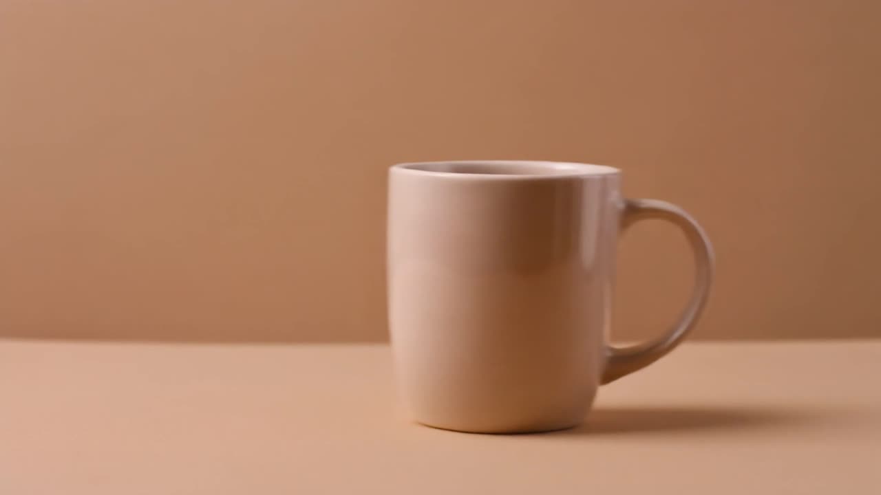 Ensfarget beige keramisk krus plassert på et bord