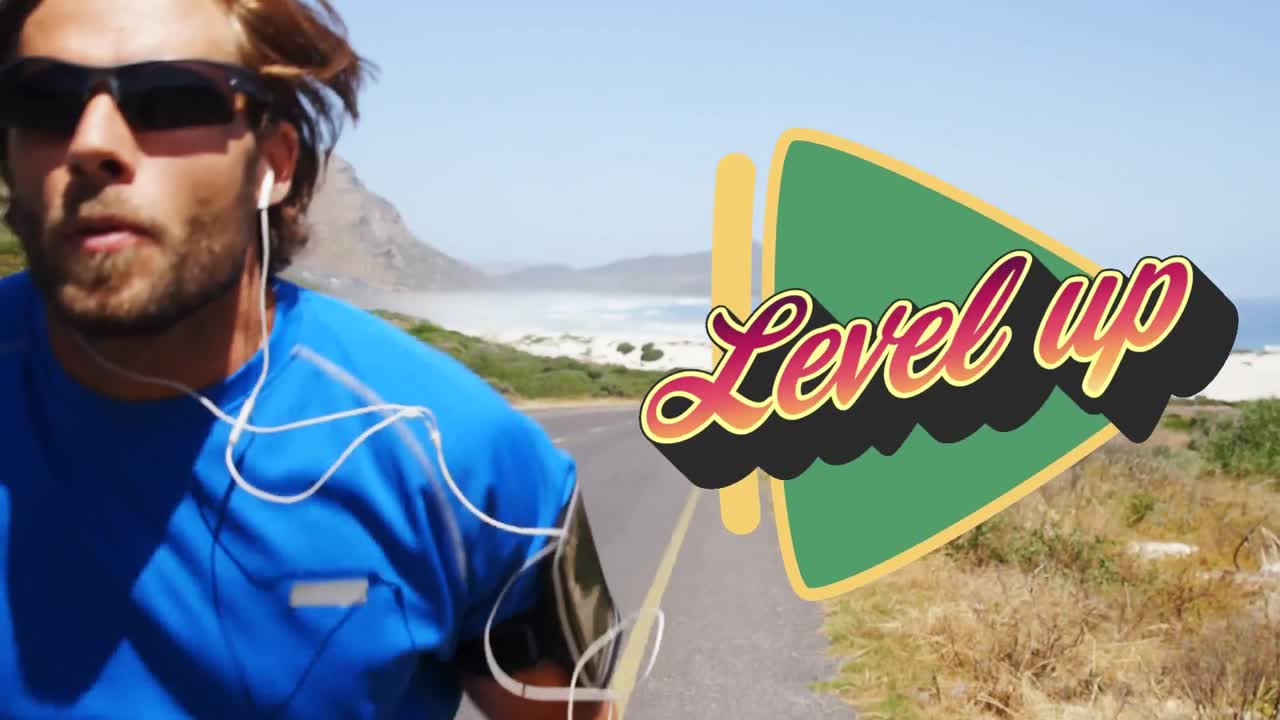 사람 조 ⁇  배경과 함께 녹색 재생 버튼 위에 레벨 업 텍스트의 애니메이션