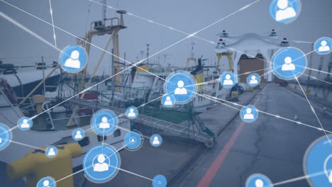 animation of network of connections with icons over drone with parcel and landscape