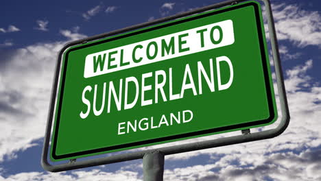 welcome to sunderland, england, uk city road sign, realistic 3d animation