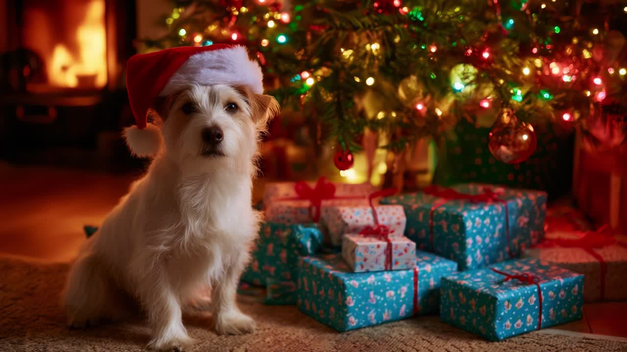 A Festive Dog in a Santa Hat Poses Next to a Christmas Tree Surrounded by Colorfully Wrapped Presents, Emitting a Warm Holiday Atmosphere Full of Cheer and Celebration During the Festive Season