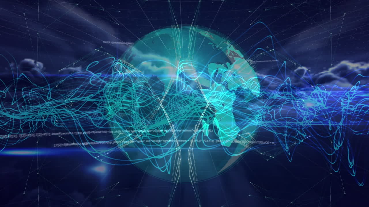 Animation of data processing and globe over clouds on black background