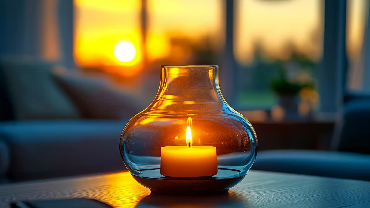 Candle glows at sunset's hue. A candle burns softly in a glass holder while the sun sets outside, casting warm hues across the cozy living space