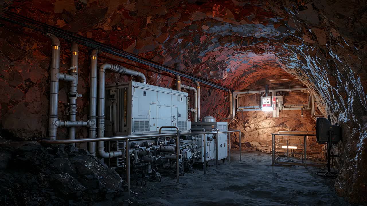 Dolly starting, camera shifting right and forward in rock tunnel, revealing generator and panels