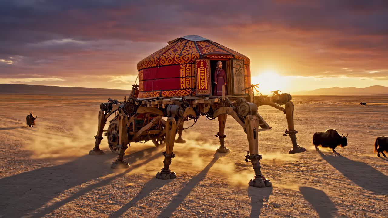Mechanical Yurt Walking Across a Desert Landscape at Sunset with Yaks
