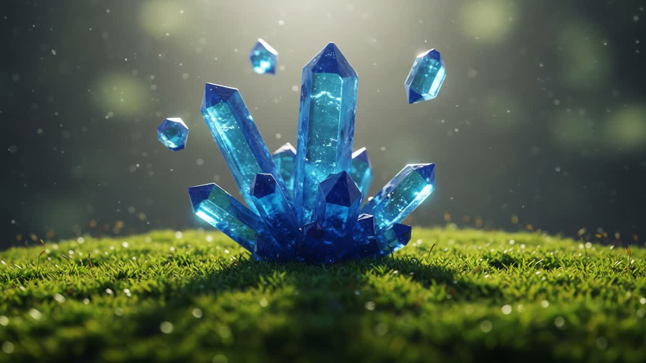A Stunning Display of Radiant Blue Crystals Emerging from a Lush Green Surface Surrounded by Soft Glow, Capturing the Enchantment of Nature's Treasures