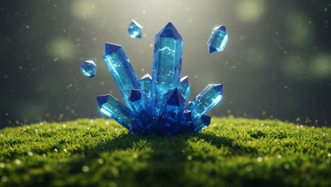a stunning display of radiant blue crystals emerging from a lush green surface surrounded by soft glow, capturing the enchantment of nature's treasures