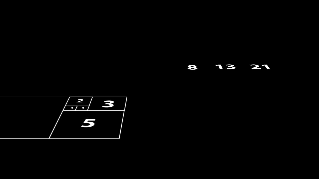 Animated Fibonacci Spiral: The golden spiral created by drawing circular arcs connecting the opposite corners of squares in the Fibonacci tiling of sizes 1, 1, 2, 3, 5, 8, 13 and 21.