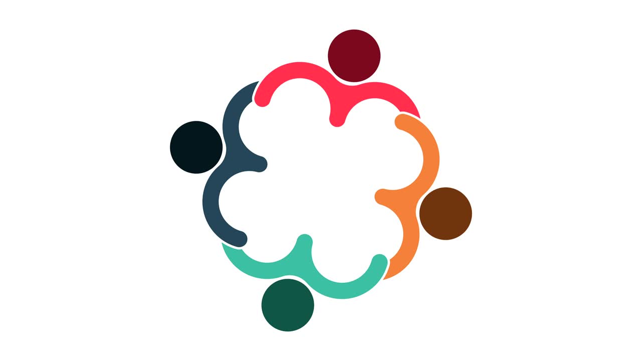 logotipo. grupo trabajo en equipo símbolo de cuatro personas en un círculo.4k resolución gráfico de movimiento