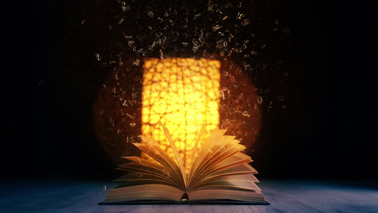 Flying particles and numbers. Vintage open book on the table against the background of a glowing retro lantern. Loop animation.