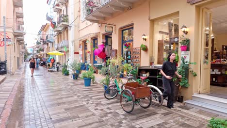 shopping boutiques stores narrow paved pedestrian street rainy day