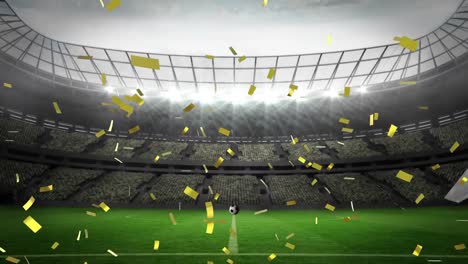 Animation-of-gold-confetti-falling-over-football-breaking-through-glass-wall-at-sports-stadium