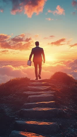 conquering dawn on a peak. a businessman walks uphill on a stone path, carrying a briefcase, as sunrise breaks over the clouds.