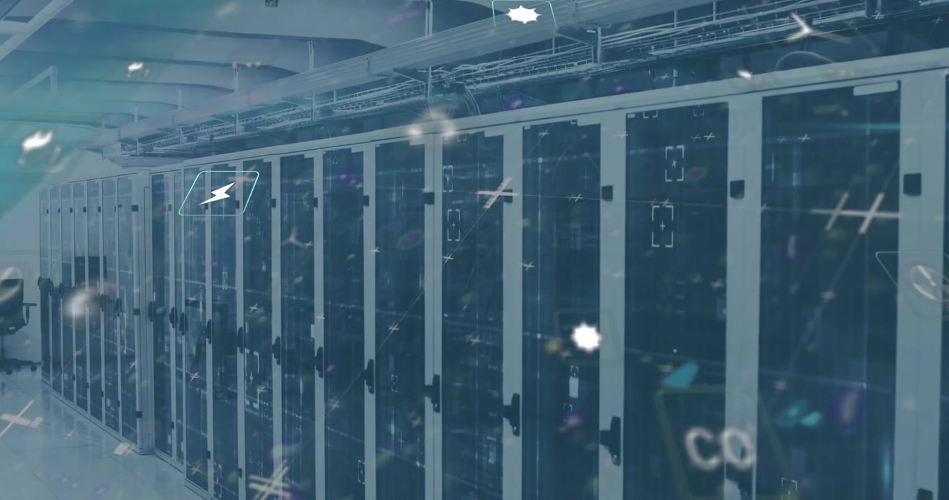 Animation of data processing and ecology icons over server room