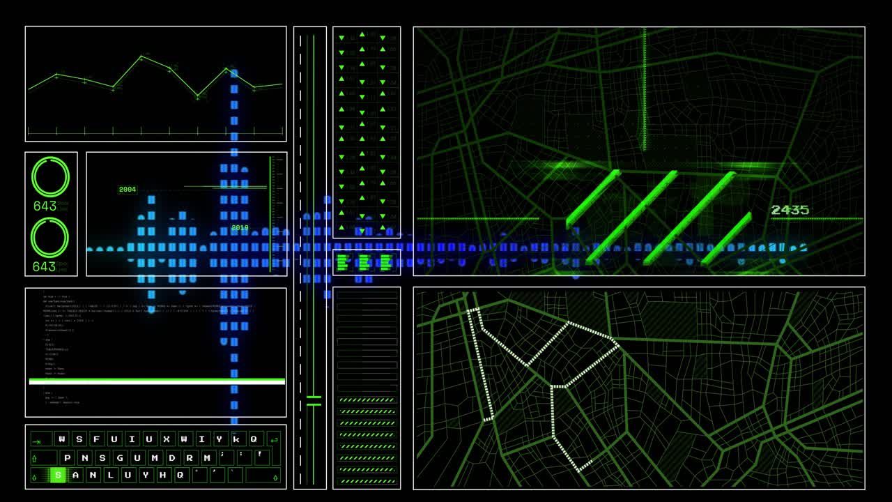 Animation of data processing over dark background