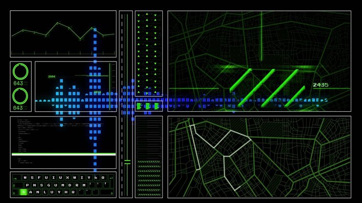 Animation of data processing over dark background