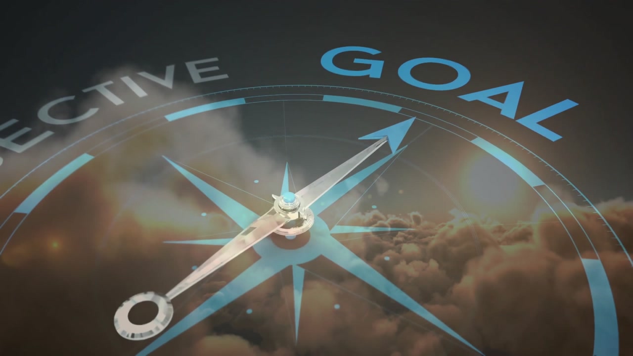 Floating compass above clouds, starting arrow rotating under OBJECTIVE and changing to GOAL