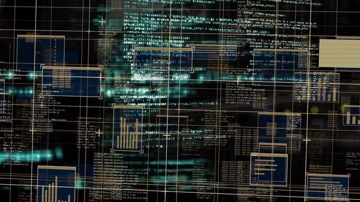 Animated digital overlay filling frame, teal band sweeping and sharpening central code showing data