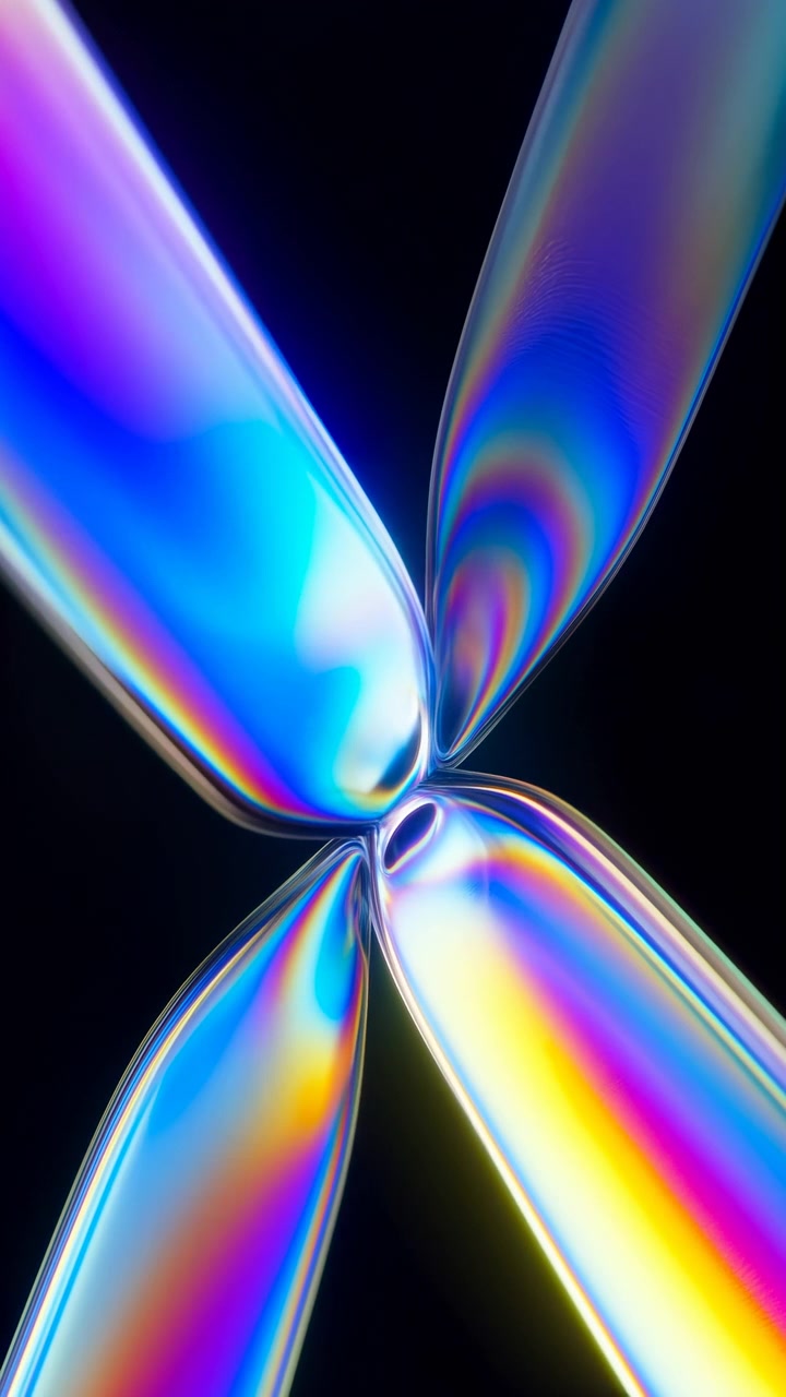 Quattro nastri trasparenti lucidi convergono e si stringono in un nodo centrale su uno sfondo nero profondo, creando colori di interferenza concentrati, curve strette e riflessi speculari lucidi