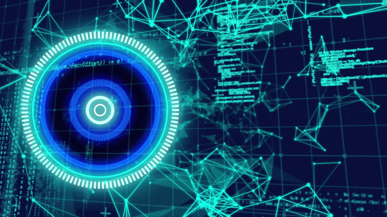 animazione della scansione circolare con rete di connessioni e informazioni su nero