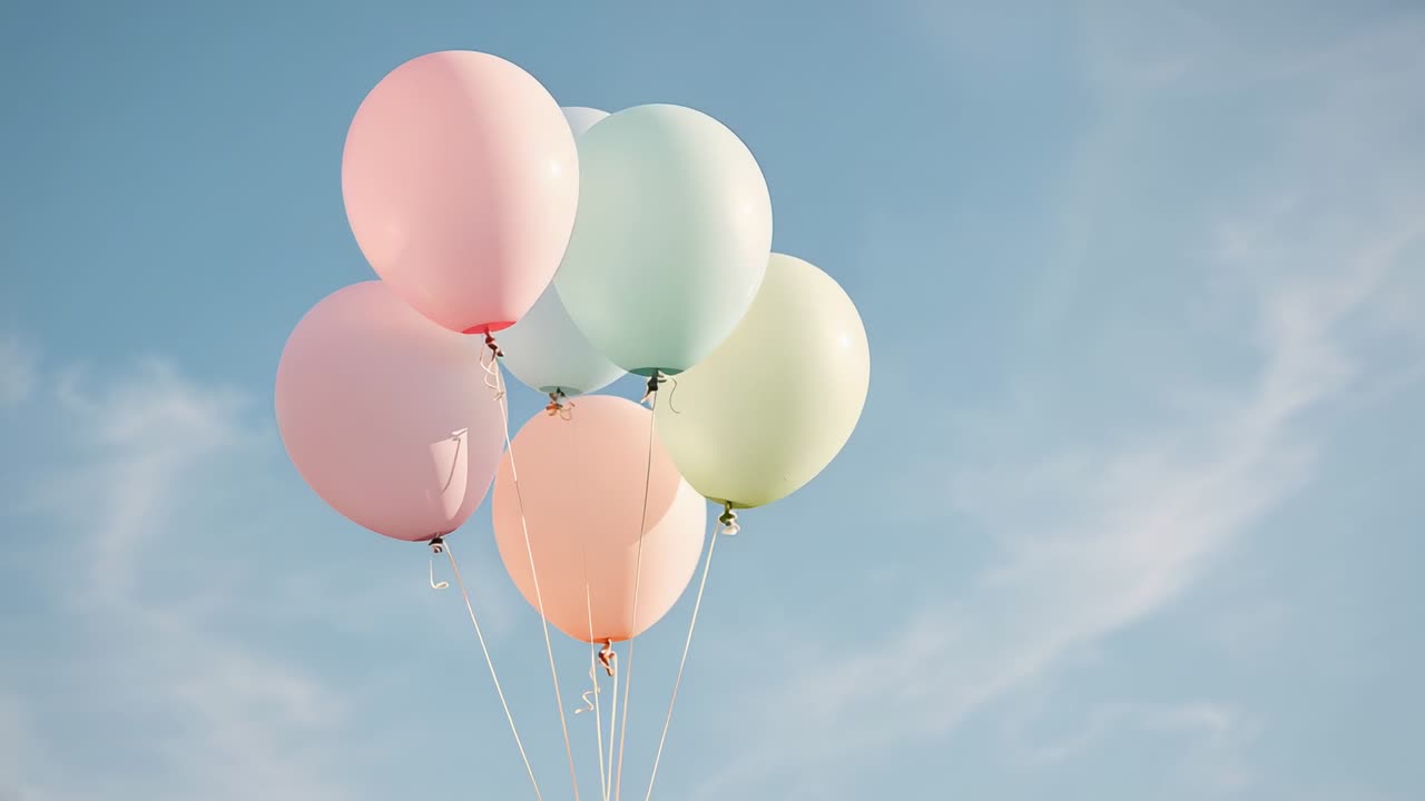 Drifting six pastel helium balloons rising in clear blue sky, strings tightening on breeze