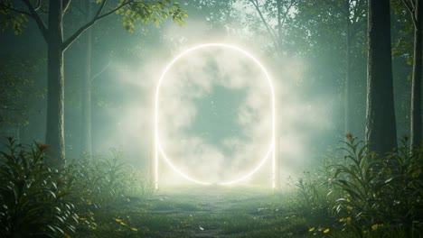 a mystical portal framed by lush greenery inviting exploration through a foggy forest landscape in enchanting natural light