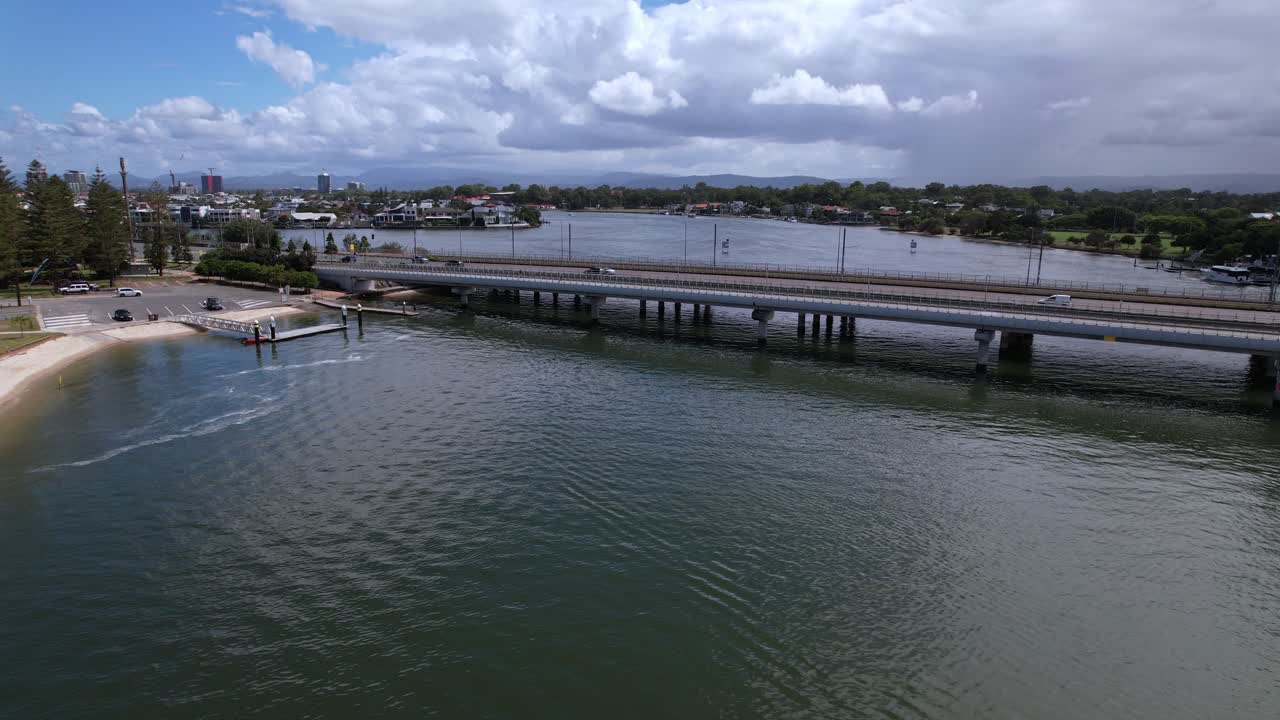 Vehicles Traveling At Sundale Bridge In Southport, Queensland, Australia - Drone Shot