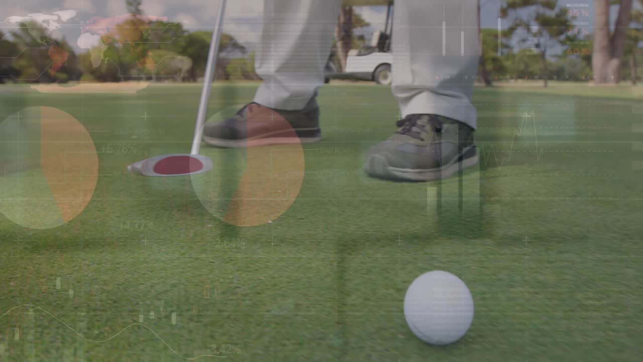 Animazione di statistiche ed elaborazione dati sulle gambe di un golfista con mazza da golf e palla