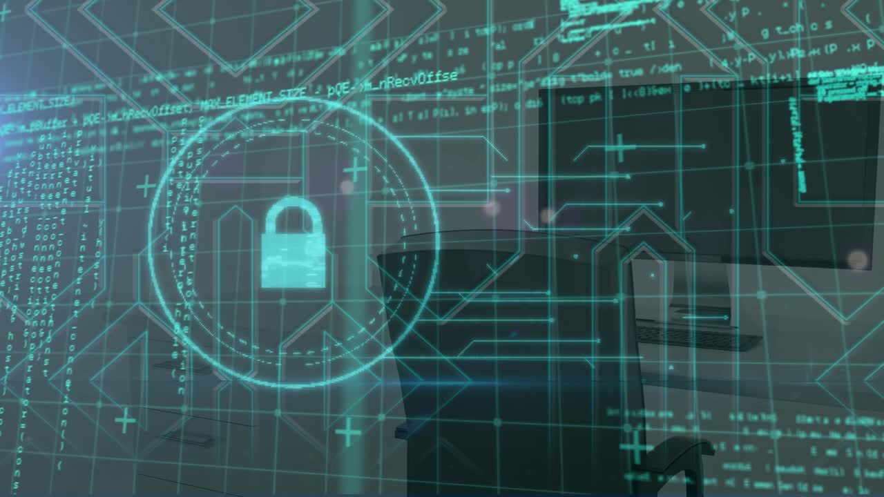 Animation of digital padlock in circle and data processing over computers in office