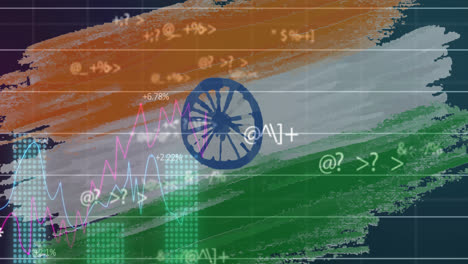 animation of financial data processing over flag of india in background