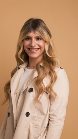 happy transgender woman in trench coat standing against beige background
