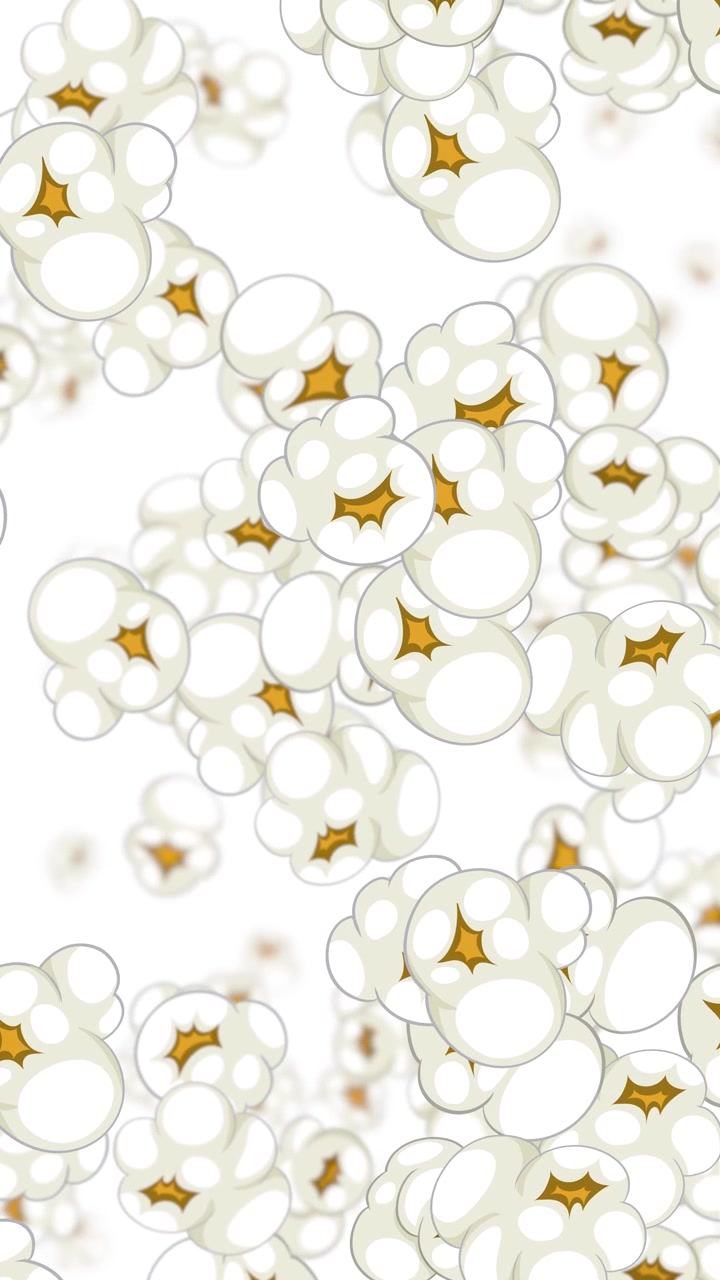 Chicchi di popcorn infiniti che piovono verso il basso su uno sfondo bianco pulito in un'animazione fluida, verticale e in loop.