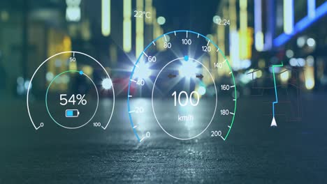 Animation-of-electric-car-speedometer-data-processing-over-city