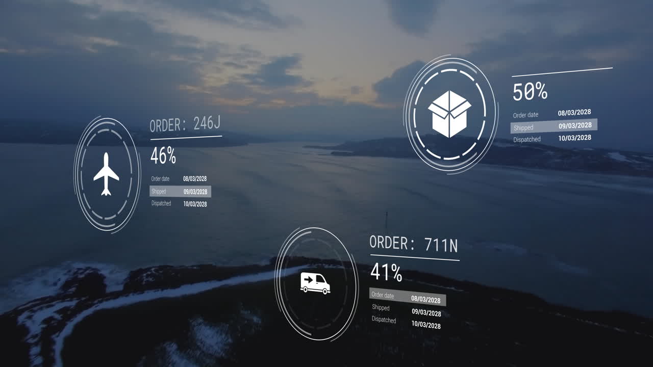 animación del procesamiento de datos con íconos sobre el paisaje costero