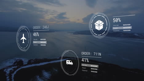 Animation of data processing with icons over seaside landscape