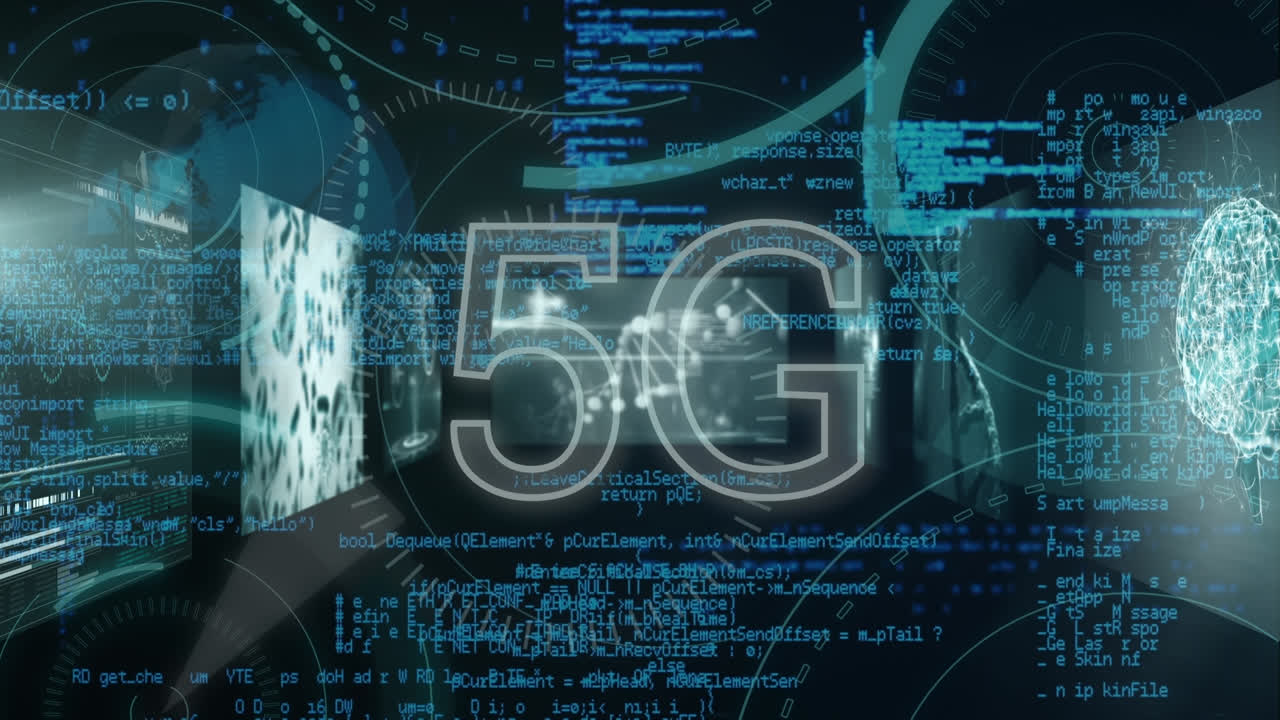 animazione di 5g e elaborazione dei dati su sfondo nero