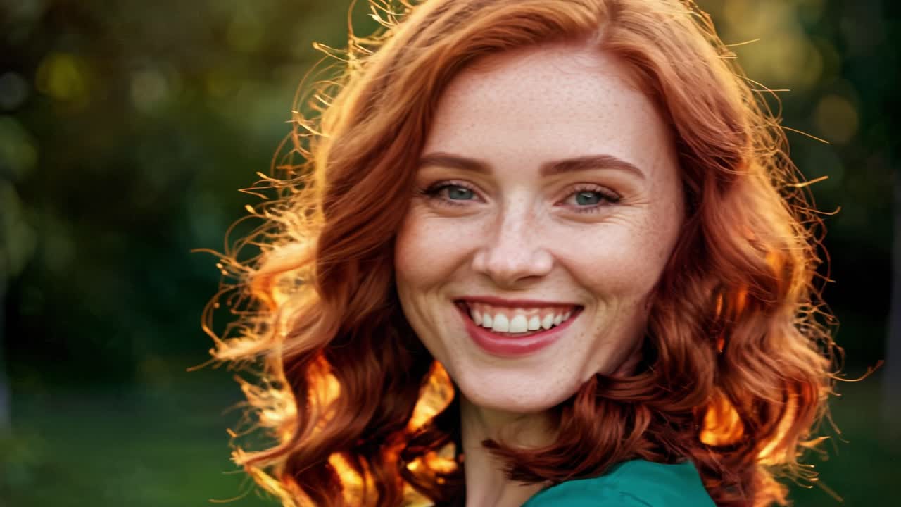 A young woman with vibrant red curls smiles brightly while enjoying a sunny afternoon in a lush green park. The warm sunlight illuminates her cheerful expression, creating a joyful atmosphere. Surrounded by nature, she reflects happiness and positivity, engaging in a moment of peace and connection w